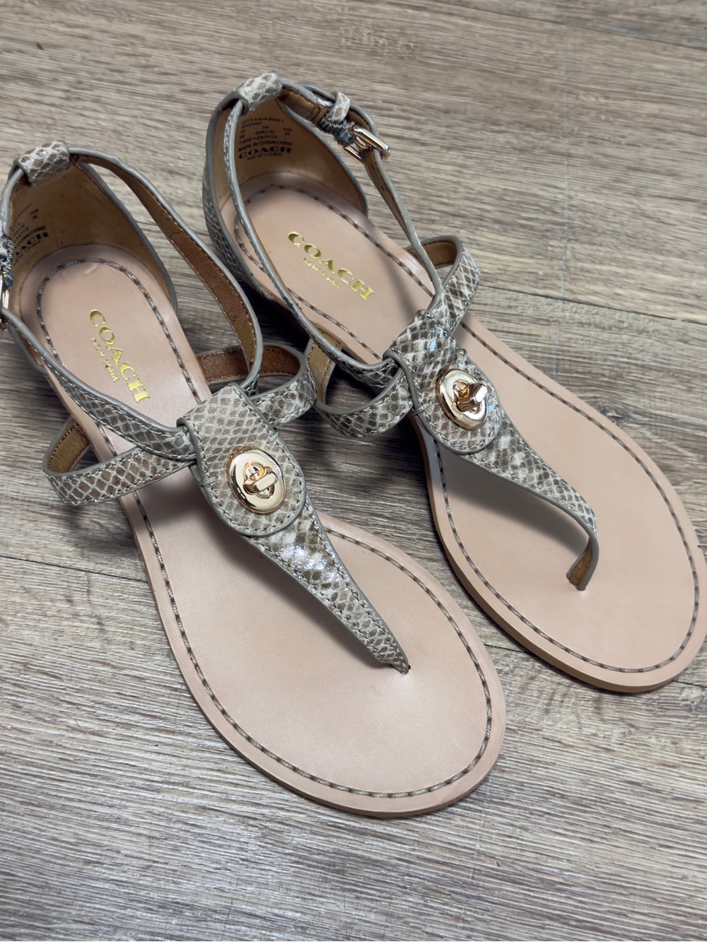 Coach Snake-Print Thong Sandals with Gold Hardware - Neutral Tones
